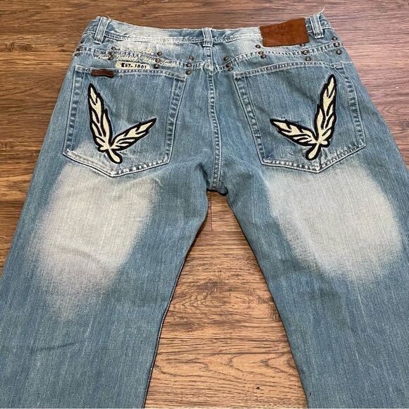 Vintage AKOO Faded Distressed Jeans Embroidered Feather Leaf Pocket Detail 38 - Picture 11 of 16
